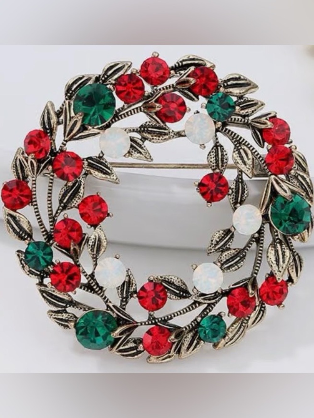 Festive Red, Green & White Crystal Wreath Brooch